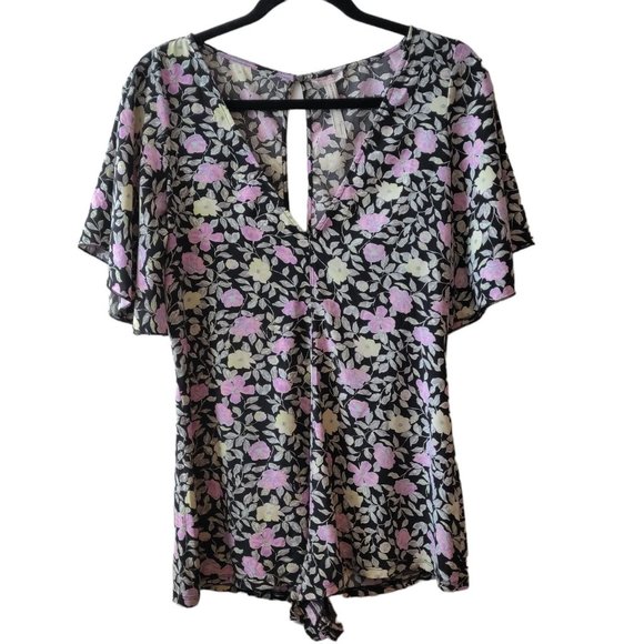 Intimately Free People Womens Floral Flutter Sleeve V-Neckline Keyhole Romper S - Picture 1 of 10